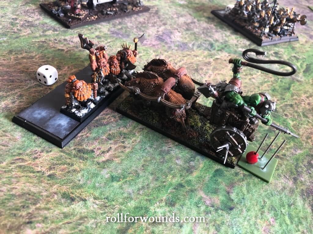 Dwarf trollslayers beating chariot in close combat