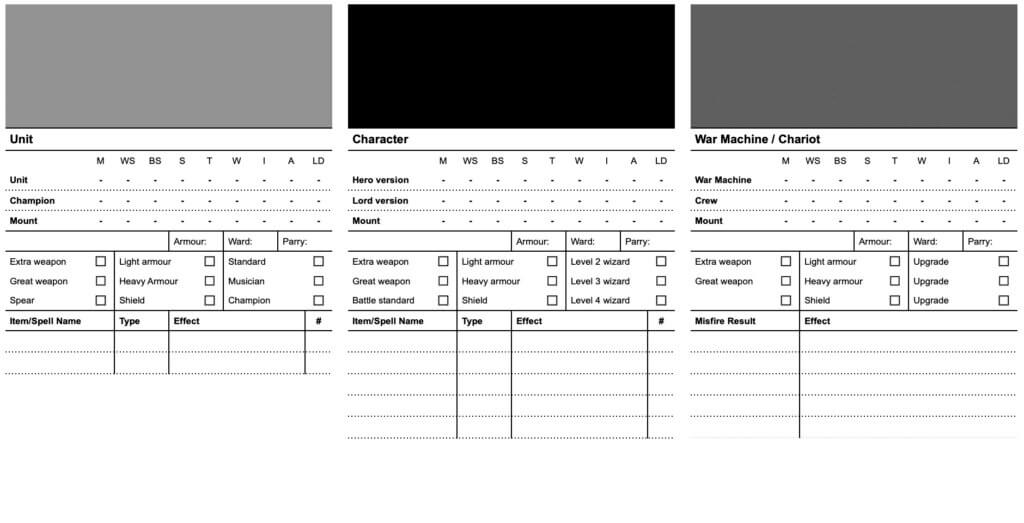 Unit data sheets for Warhammer Fantasy Battles